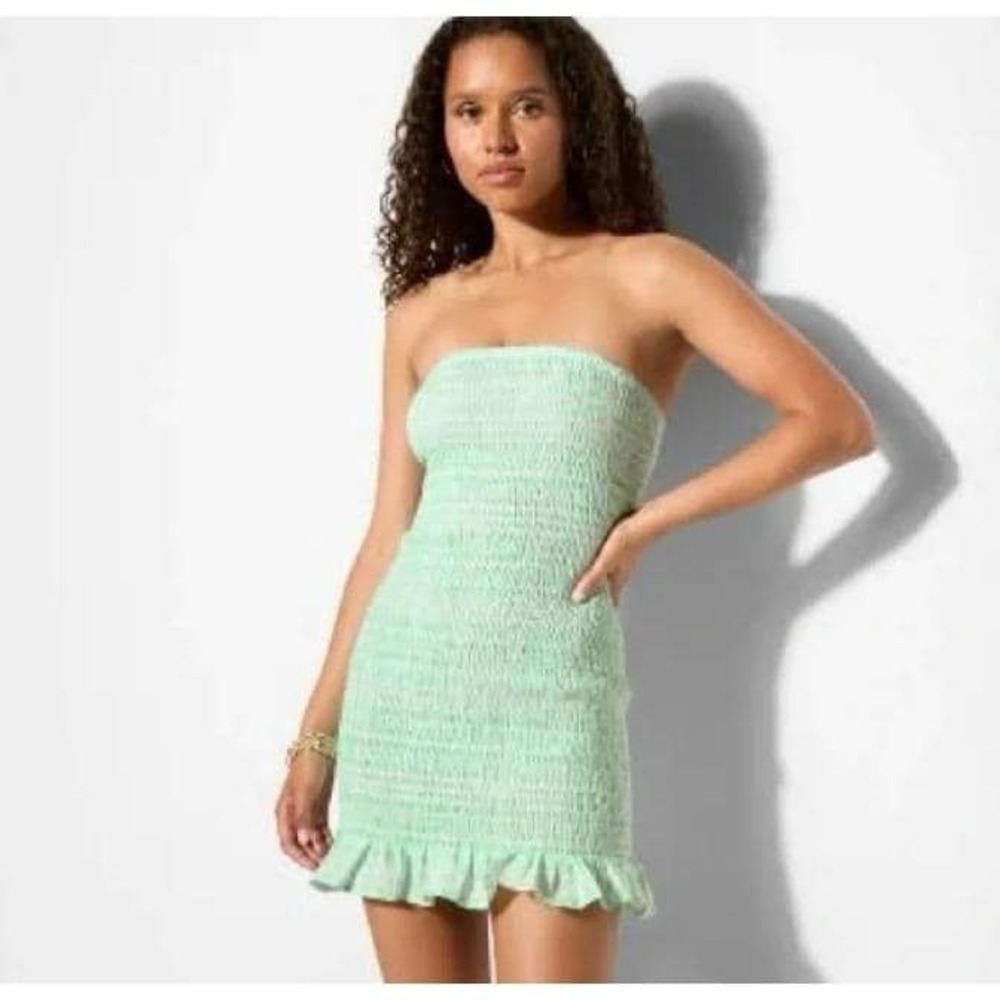 Women's Smocked Bodycon Mini Tube Dress Plaid Mint Green XL - Picture 4 of 5